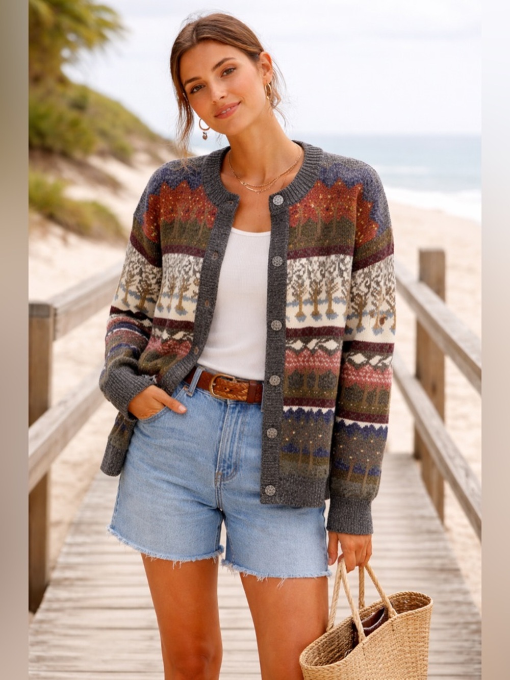 Vintage Northern Reflections Cardigan Scenic Cabin Trees Wool Blend  M